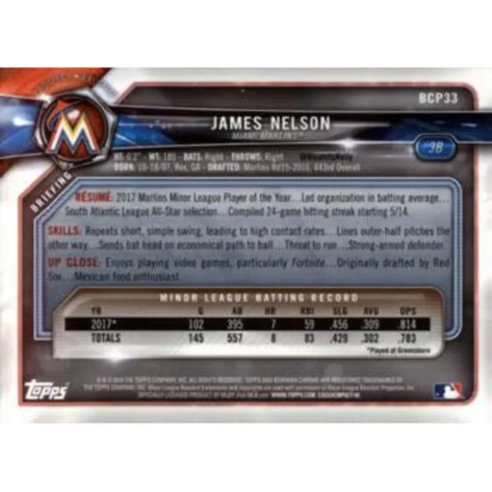 2018 Bowman Chrome Prospects James Nelson BCP33 Miami Marlins
